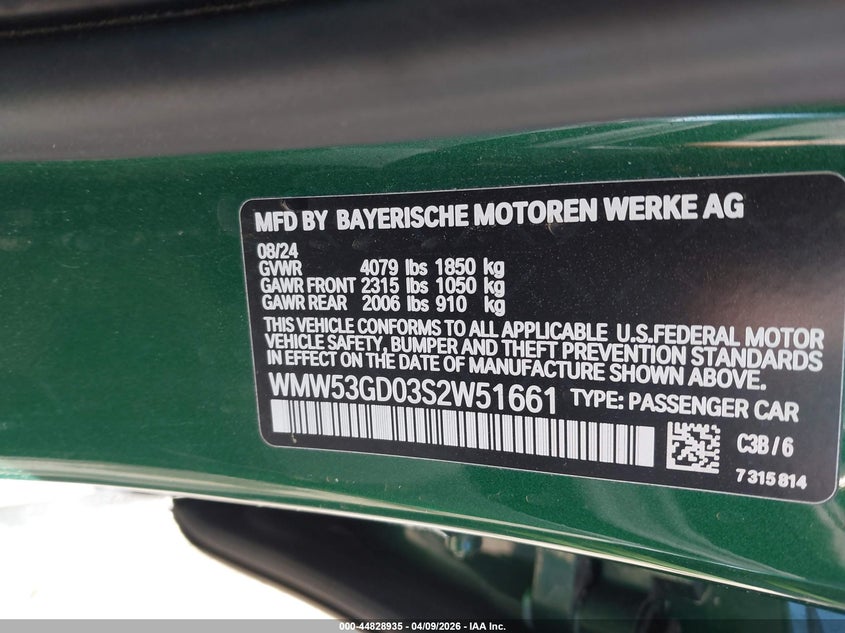 2025 Mini Hardtop Cooper S VIN: WMW53GD03S2W51661 Lot: 44828935