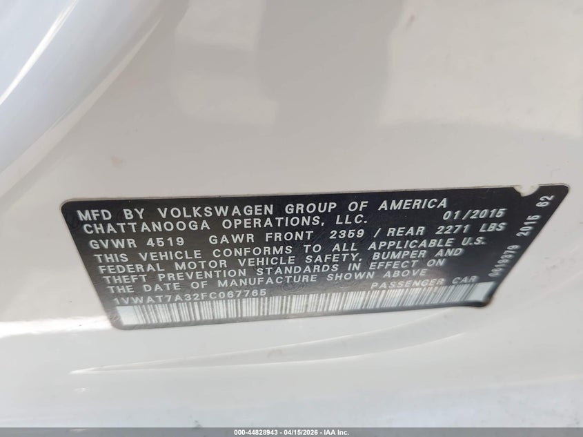 2015 Volkswagen Passat 1.8T Wolfsburg Edition VIN: 1VWAT7A32FC067765 Lot: 44828943