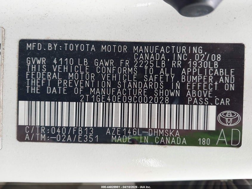 2009 Toyota Matrix Xrs VIN: 2T1GE40E09C002028 Lot: 44828981