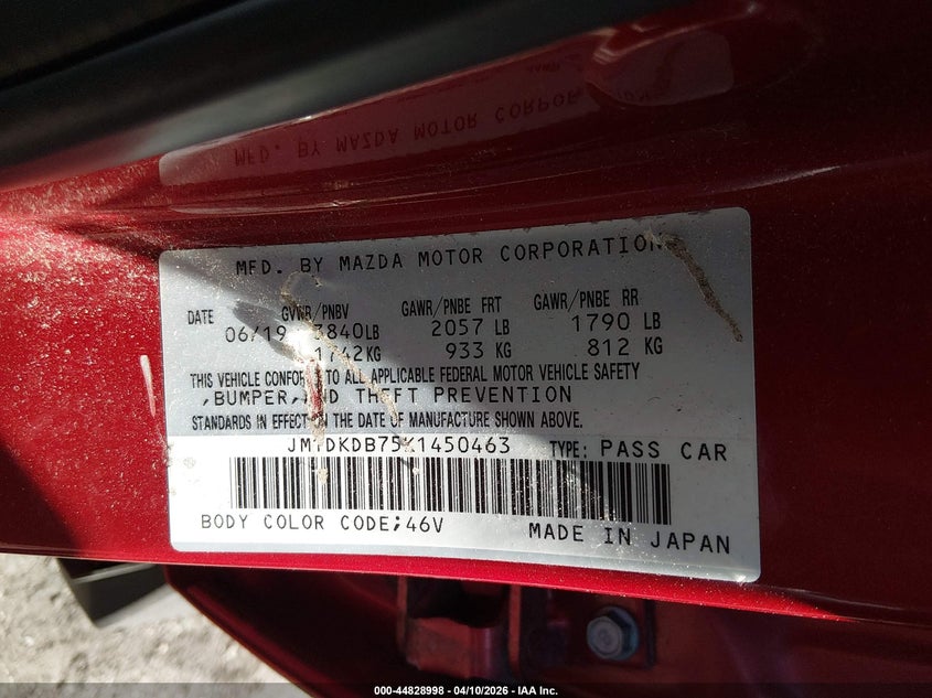 2019 Mazda Cx-3 Sport VIN: JM1DKDB75K1450463 Lot: 44828998