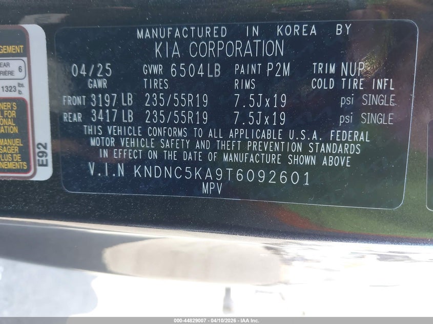 2026 Kia Carnival Mpv Hybrid Ex VIN: KNDNC5KA9T6092601 Lot: 44829007