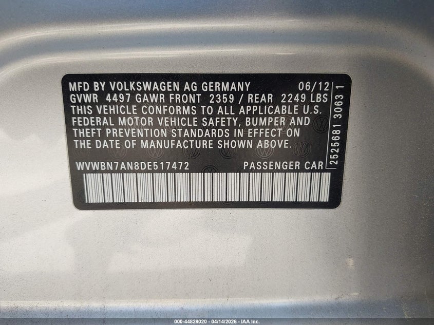 2013 Volkswagen Cc 2.0T Sport VIN: WVWBN7AN8DE517472 Lot: 44829020