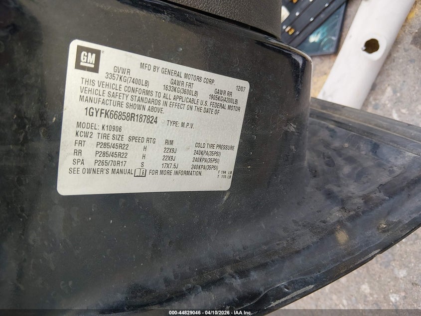 2008 Cadillac Escalade Esv Standard VIN: 1GYFK66858R187824 Lot: 44829046