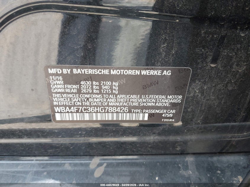 2017 BMW 430I Gran Coupe VIN: WBA4F7C36HG788426 Lot: 44829049