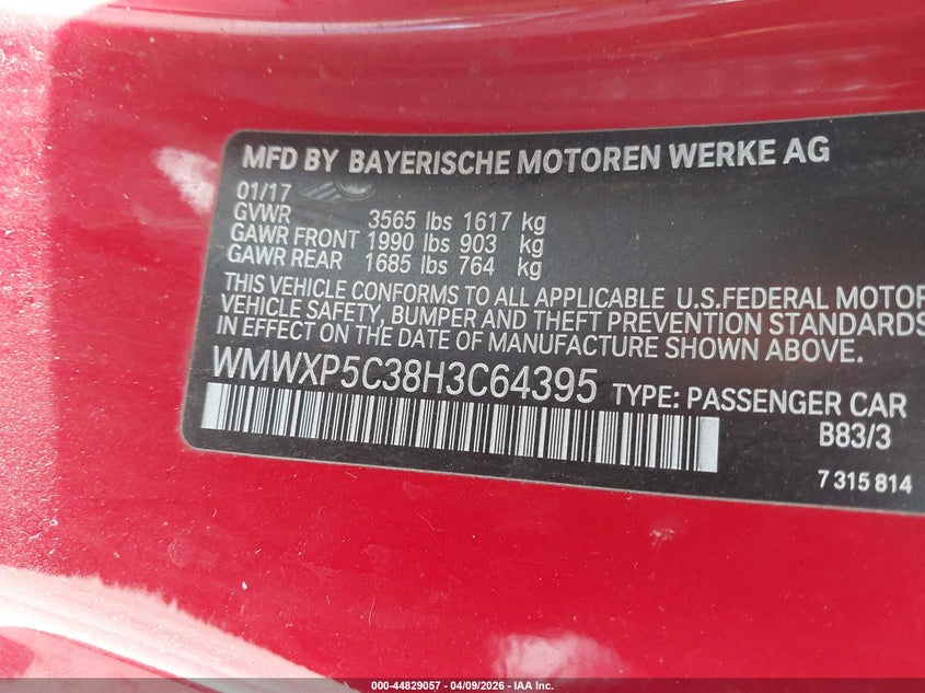 2017 Mini Hardtop Cooper VIN: WMWXP5C38H3C64395 Lot: 44829057