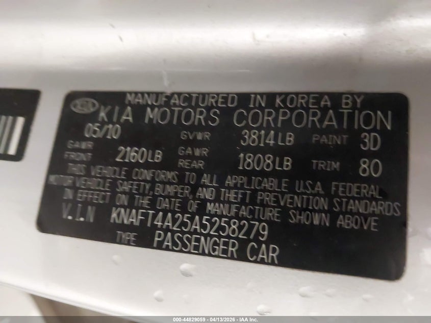 2010 Kia Forte Lx VIN: KNAFT4A25A5258279 Lot: 44829059