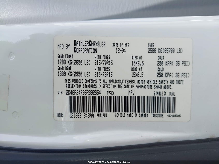 2005 Dodge Grand Caravan Se VIN: 2D4GP24R05R392654 Lot: 44829078