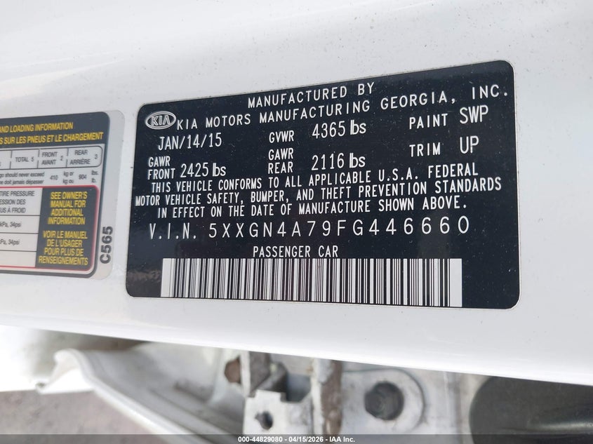 2015 Kia Optima Ex VIN: 5XXGN4A79FG446660 Lot: 44829080