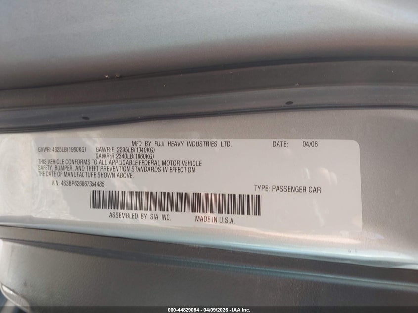 2006 Subaru Legacy 2.5I VIN: 4S3BP626867354485 Lot: 44829084