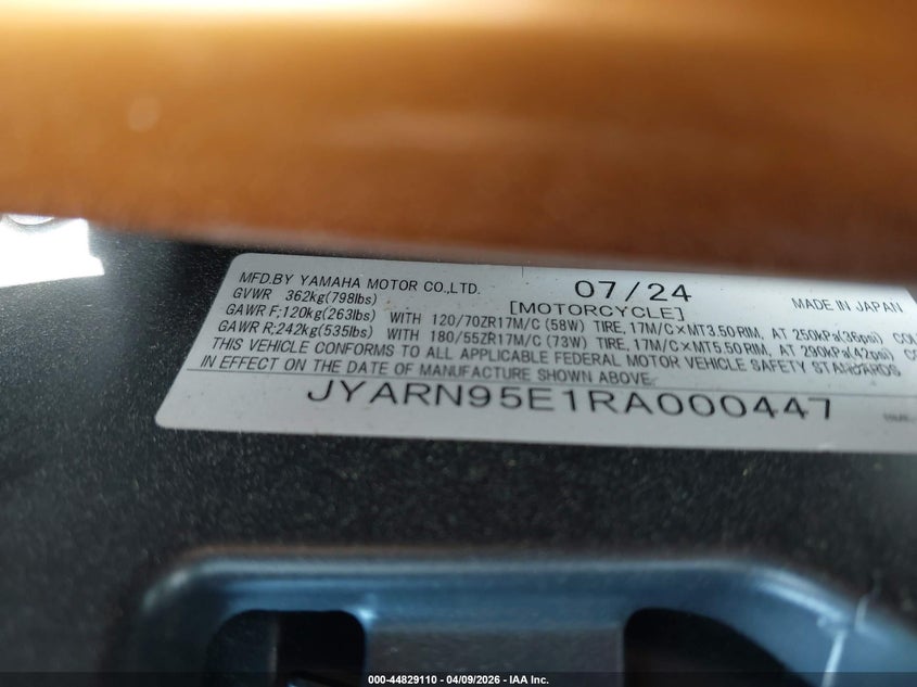 2024 Yamaha Mt09 Sp VIN: JYARN95E1RA000447 Lot: 44829110