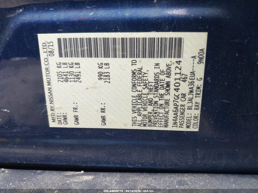 2016 Nissan Maxima 3.5 Sv VIN: 1N4AA6AP7GC401124 Lot: 44829119