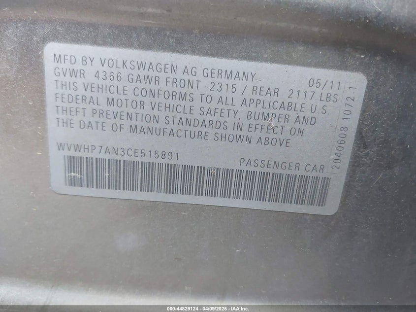 2012 Volkswagen Cc Lux VIN: WVWHP7AN3CE515891 Lot: 44829124