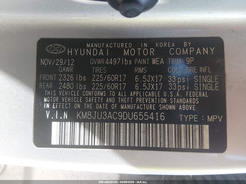 2013 Hyundai Tucson Gls VIN: KM8JU3AC9DU655416 Lot: 44829144