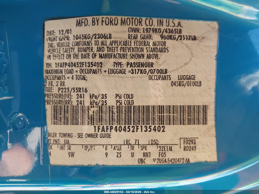 2002 Ford Mustang VIN: 1FAFP40452F135402 Lot: 44829153