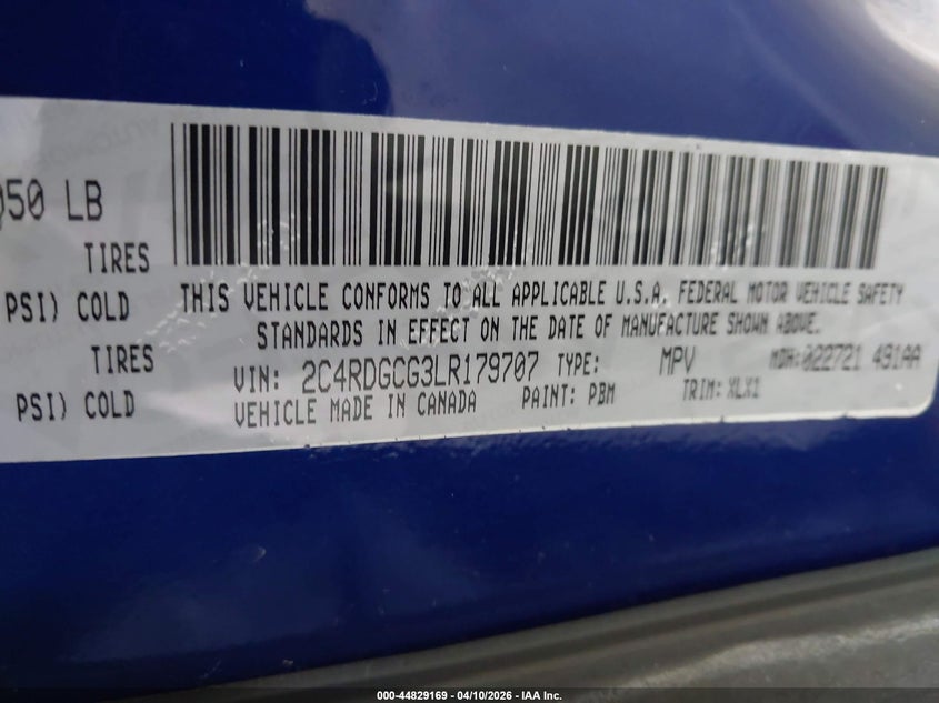 2020 Dodge Caravan 3.6 Grand Sxt blue Lot 111044829169 Vin 2C4RDGCG3LR179707