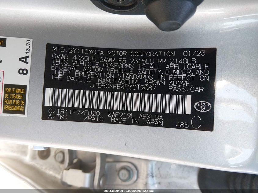 2023 Toyota Corolla 1.8 Hybrid Le Silver Lot 111044829199 Vin JTDBCMFE4P3012087