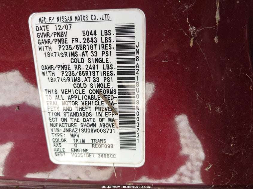 2009 Nissan Murano Sl VIN: JN8AZ18U09W003731 Lot: 44829221
