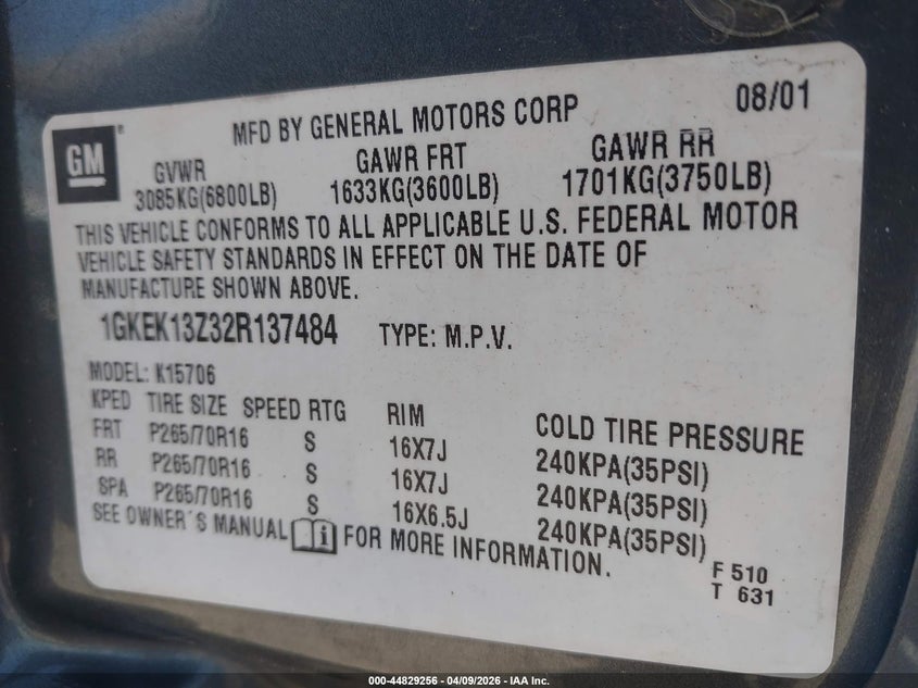 2002 GMC Yukon Slt VIN: 1GKEK13Z32R137484 Lot: 44829256