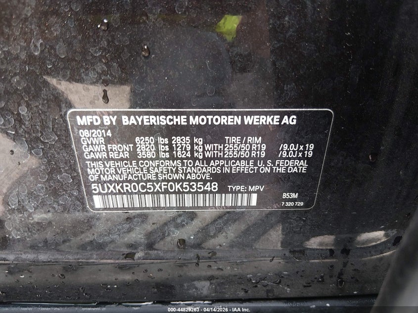 2015 BMW X5 xDrive35I VIN: 5UXKR0C5XF0K53548 Lot: 44829263