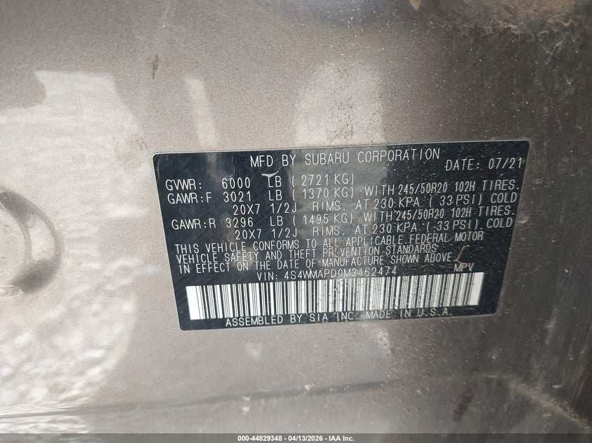 2021 Subaru Ascent Limited VIN: 4S4WMAPD0M3462474 Lot: 44829348