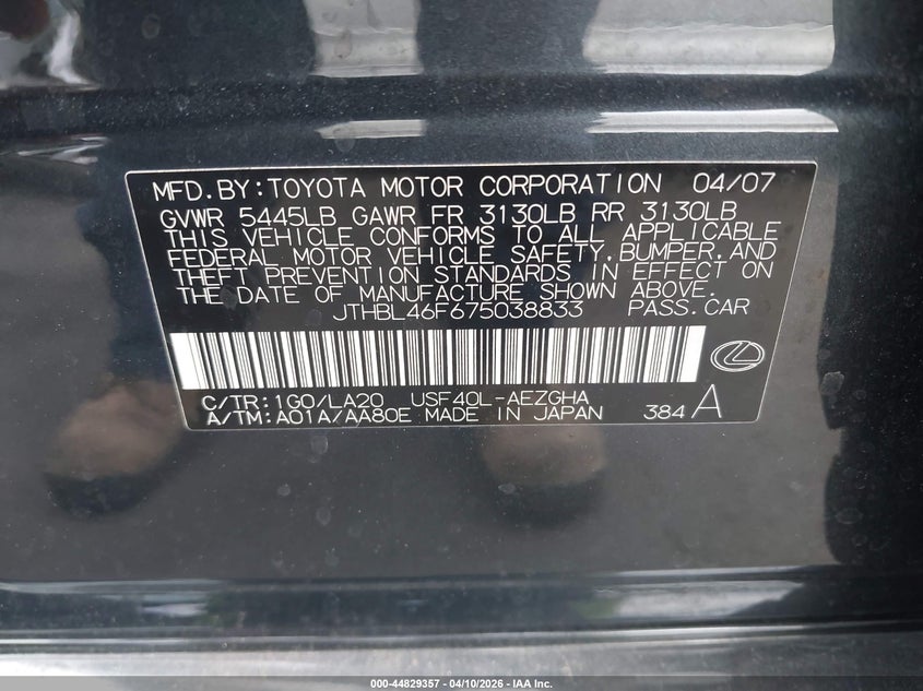 2007 Lexus Ls 460 VIN: JTHBL46F675038833 Lot: 44829357