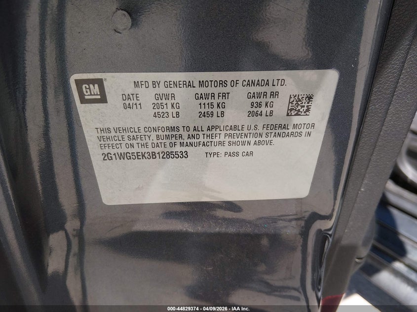 2011 CHEVROLET IMPALA SEDAN 3.5L V-6 VVT, 211HP