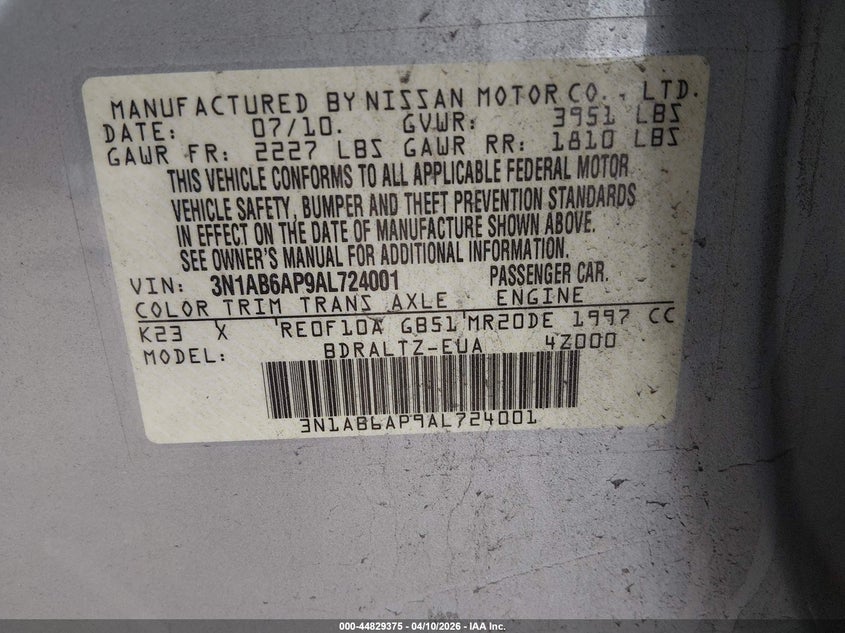 2010 Nissan Sentra 2.0Sr VIN: 3N1AB6AP9AL724001 Lot: 44829375