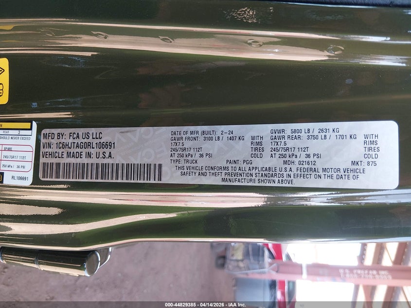 2024 Jeep Gladiator Sport VIN: 1C6HJTAG0RL106691 Lot: 44829385