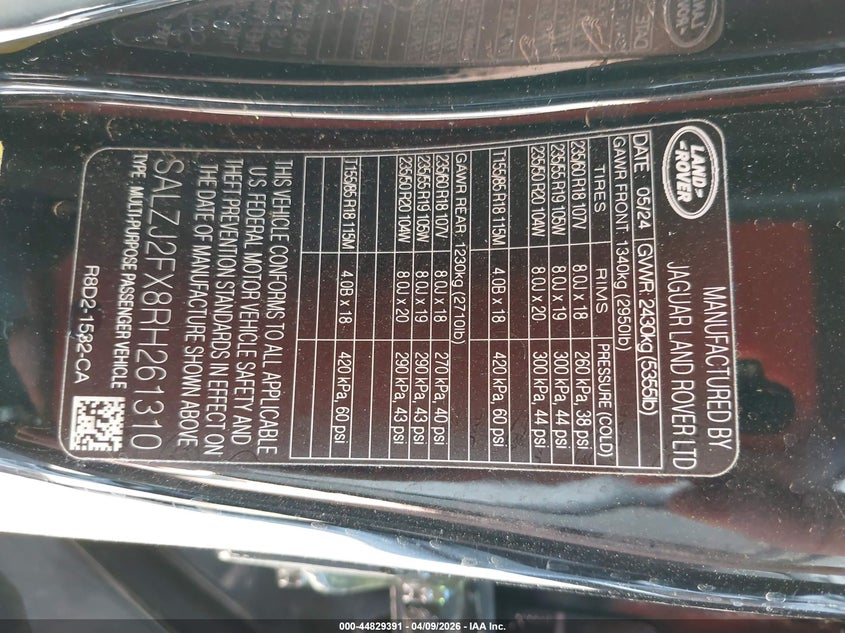 2024 Land Rover Range Rover Evoque Core S VIN: SALZJ2FX8RH261310 Lot: 44829391