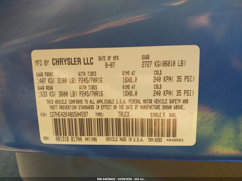 2008 Dodge Dakota Slt VIN: 1D7HE42K48S504597 Lot: 44829402