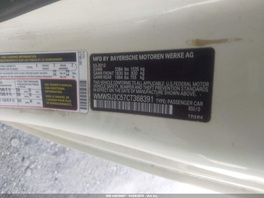 2012 Mini Cooper 1.6 white Lot 111044829407 Vin WMWSU3C57CT368391