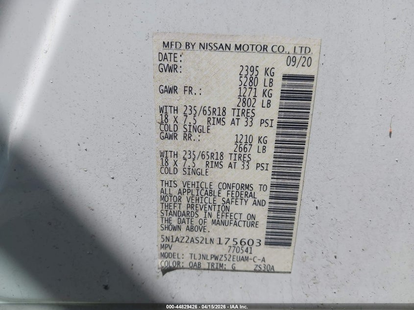 2020 Nissan Murano S Intelligent Awd VIN: 5N1AZ2AS2LN175603 Lot: 44829426