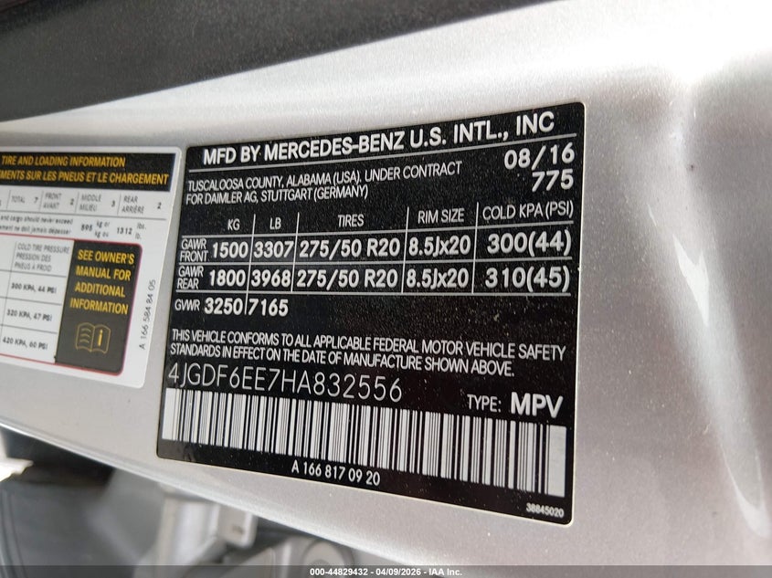 2017 Mercedes-Benz Gls 450 4Matic VIN: 4JGDF6EE7HA832556 Lot: 44829432