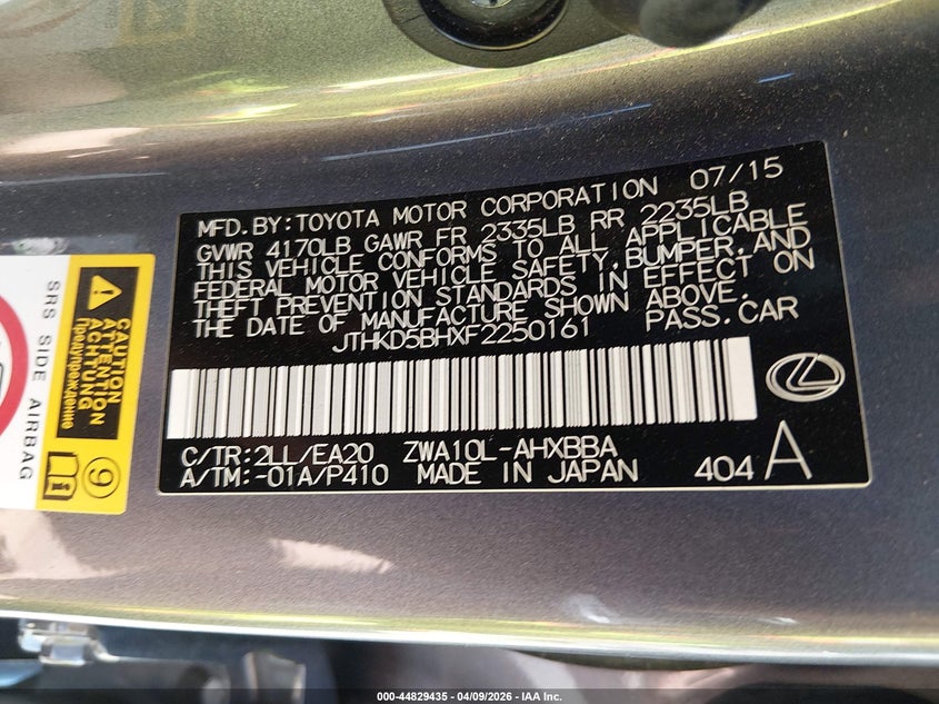 2015 Lexus Ct 200H VIN: JTHKD5BHXF2250161 Lot: 44829435