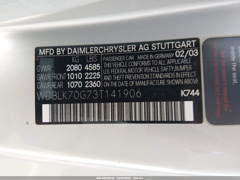 2003 Mercedes-Benz Clk 430 VIN: WDBLK70G73T141906 Lot: 44829436