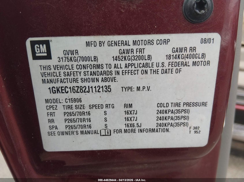 2002 GMC Yukon Xl 1500 Slt VIN: 1GKEC16Z82J112135 Lot: 44829444