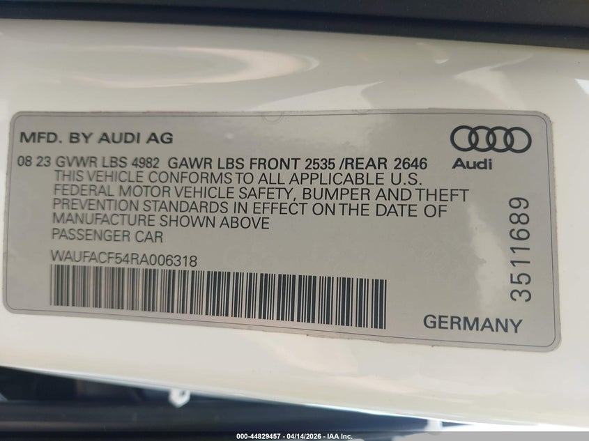 2024 Audi A5 Sportback Premium Plus 45 Tfsi Quattro S Tronic VIN: WAUFACF54RA006318 Lot: 44829457