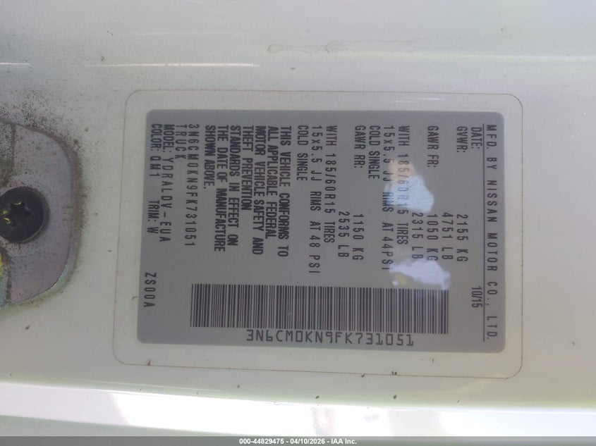 2015 Nissan Nv200 S VIN: 3N6CM0KN9FK731051 Lot: 44829475