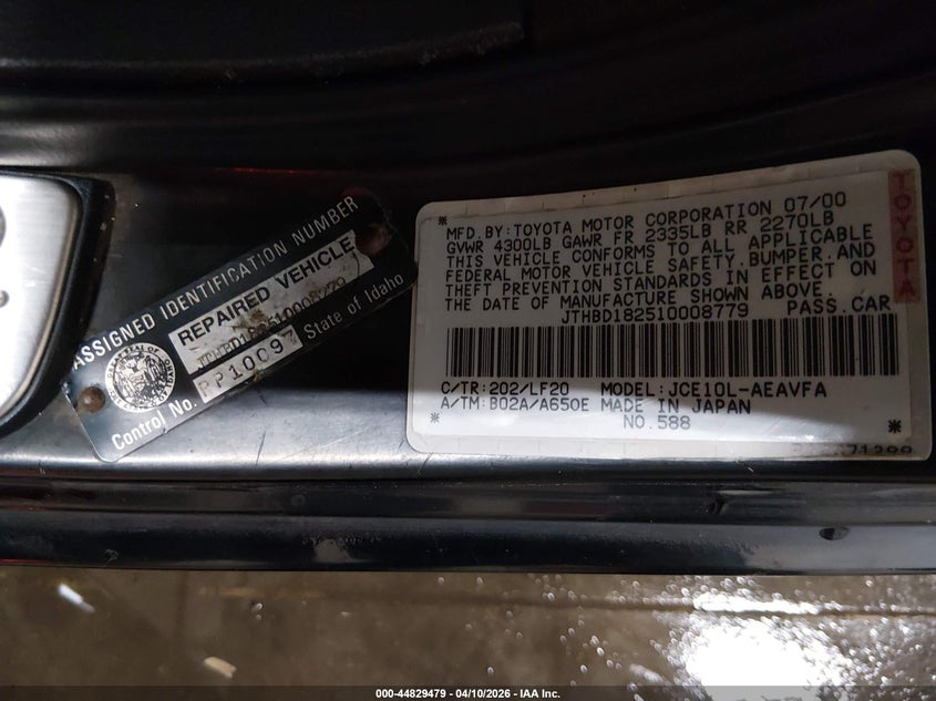 2001 Lexus Is 300 VIN: JTHBD182510008779 Lot: 44829479