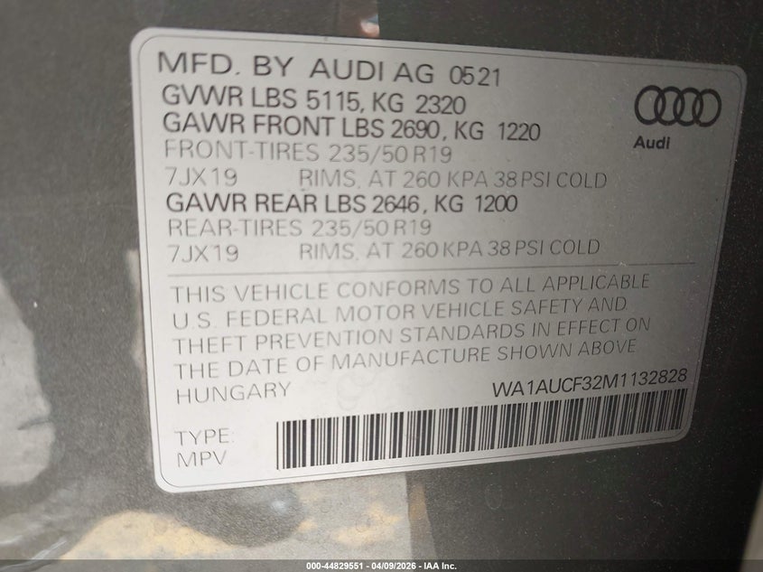 2021 Audi Q3 Premium 40 Tfsi Quattro Tiptronic VIN: WA1AUCF32M1132828 Lot: 44829551