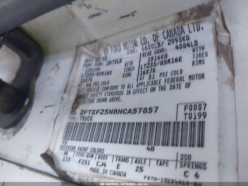 1992 Ford F250 VIN: 2FTEF25N8NCA57857 Lot: 44829569