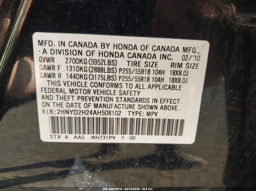 2010 Acura Mdx VIN: 2HNYD2H24AH508102 Lot: 44829570
