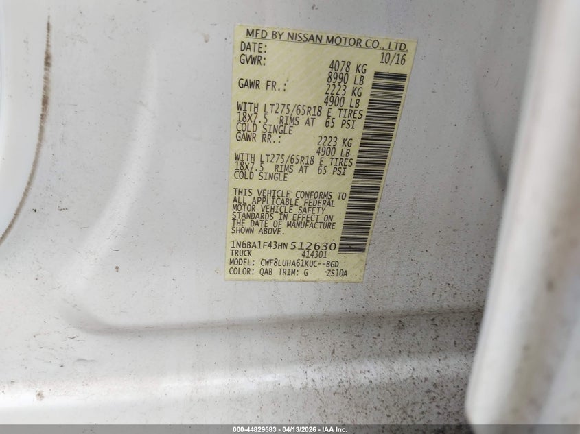 2017 Nissan Titan Xd Platinum Reserve Diesel/Pro-4X Diesel/S/Sl Diesel/Sv Diesel VIN: 1N6BA1F43HN512630 Lot: 44829583