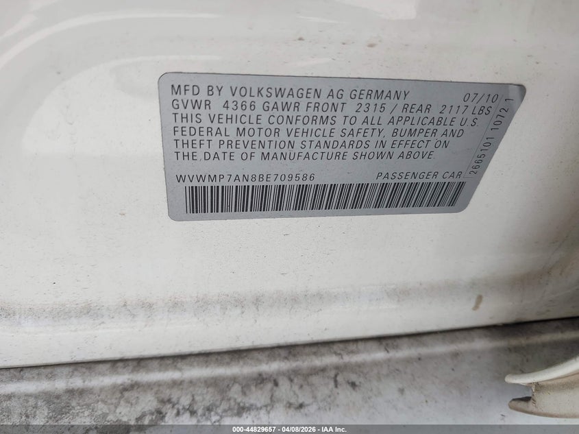 2011 Volkswagen Cc Sport VIN: WVWMP7AN8BE709586 Lot: 44829657