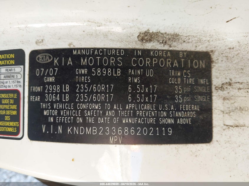 2008 Kia Sedona Ex VIN: KNDMB233686202119 Lot: 44829659