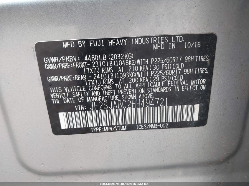 2017 Subaru Forester 2.5I VIN: JF2SJABC2HH494721 Lot: 44829679