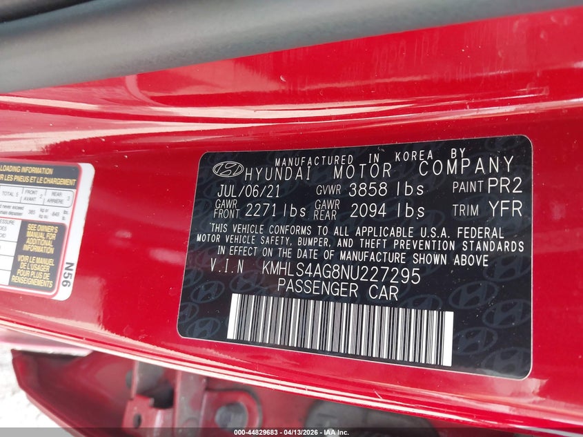 2022 Hyundai Elantra Sel VIN: KMHLS4AG8NU227295 Lot: 44829683