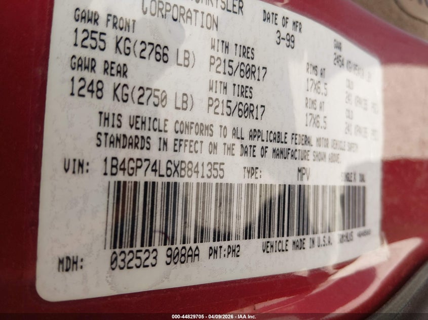 1999 Dodge Grand Caravan Es VIN: 1B4GP74L6XB841355 Lot: 44829705