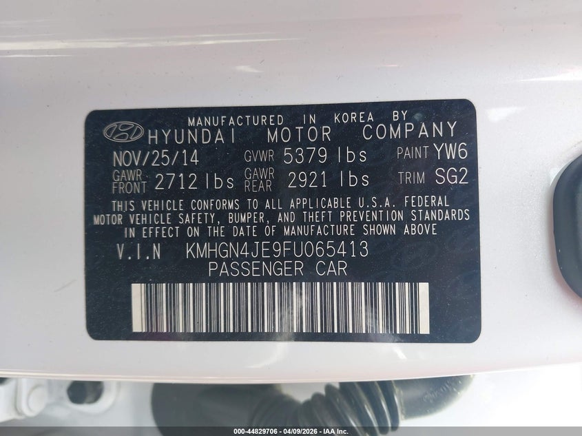 2015 Hyundai Genesis 3.8 VIN: KMHGN4JE9FU065413 Lot: 44829706