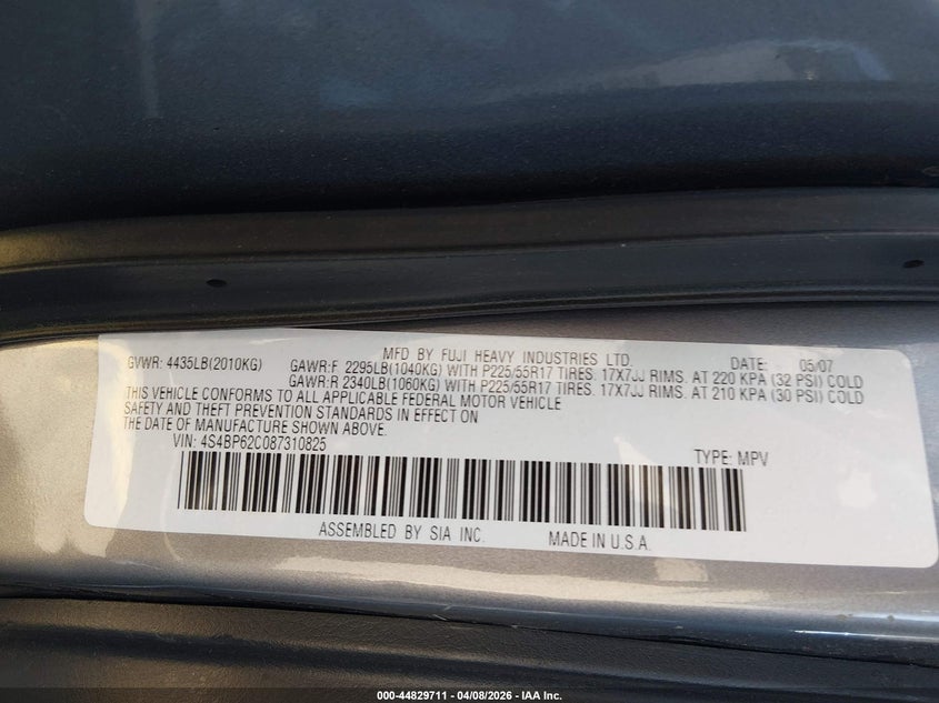 2008 Subaru Outback 2.5I Limited/2.5I Limited L.l. Bean Edition VIN: 4S4BP62C087310825 Lot: 44829711